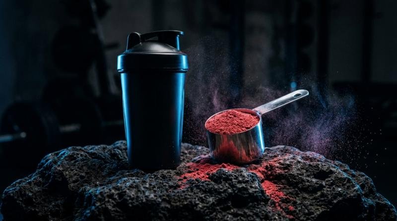 Scoop de pre-entreno junto a un shaker