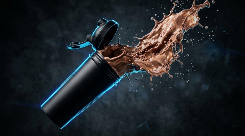 Batido de proteína de chocolate salpicando desde un shaker