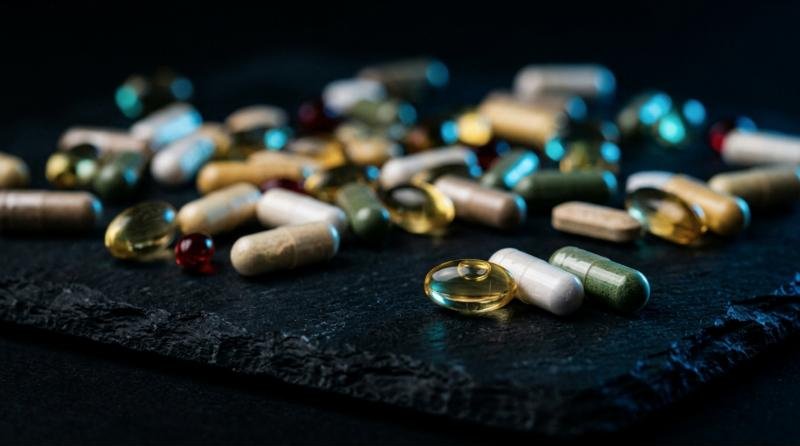 Cápsulas y softgels sobre una superficie de pizarra